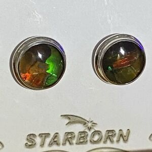 Starborn Ammolite Stud Earrings 925 Sterling Silver Round Bezel Red Green Fire